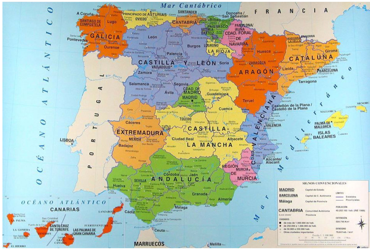 Карта испании с провинциями и городами